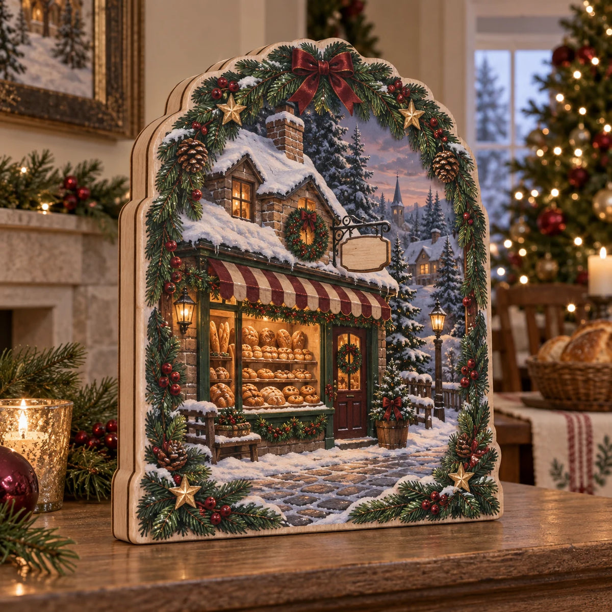 Village bakery wooden block with snowy cobblestones, bread-filled window and evergreen holiday accents.