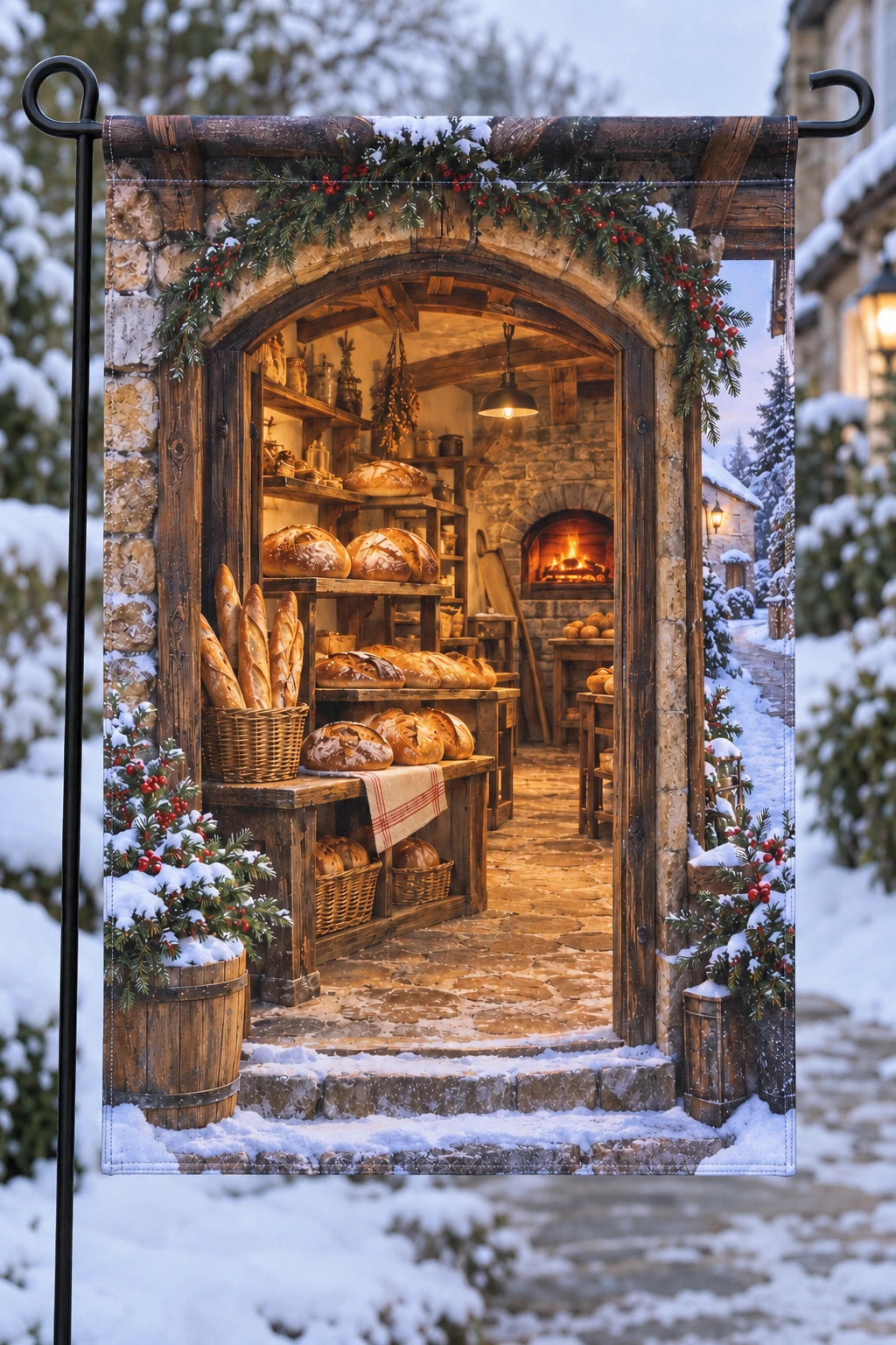 Village bakery winter doorway printed on a flat garden flag.