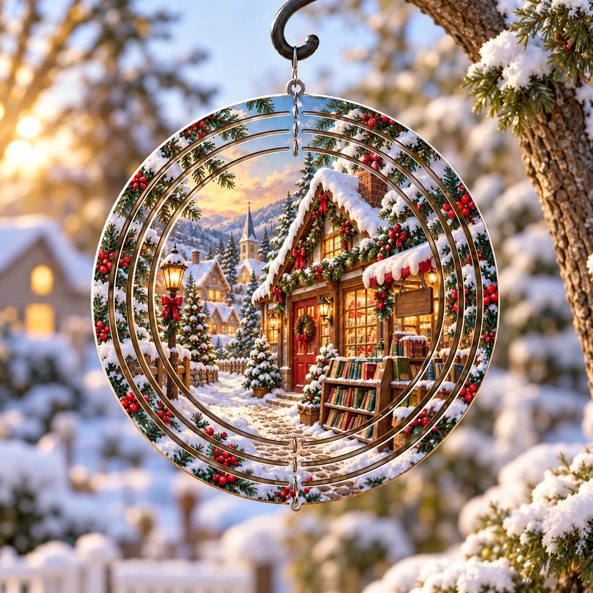 Village Bookshop Holiday Market Wind Spinner with printed dimensional holiday artwork