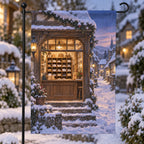 Village Post Office Garden Flag with flat printed postal counter and snowy lane depth on polyester with top sleeve; stand not included.