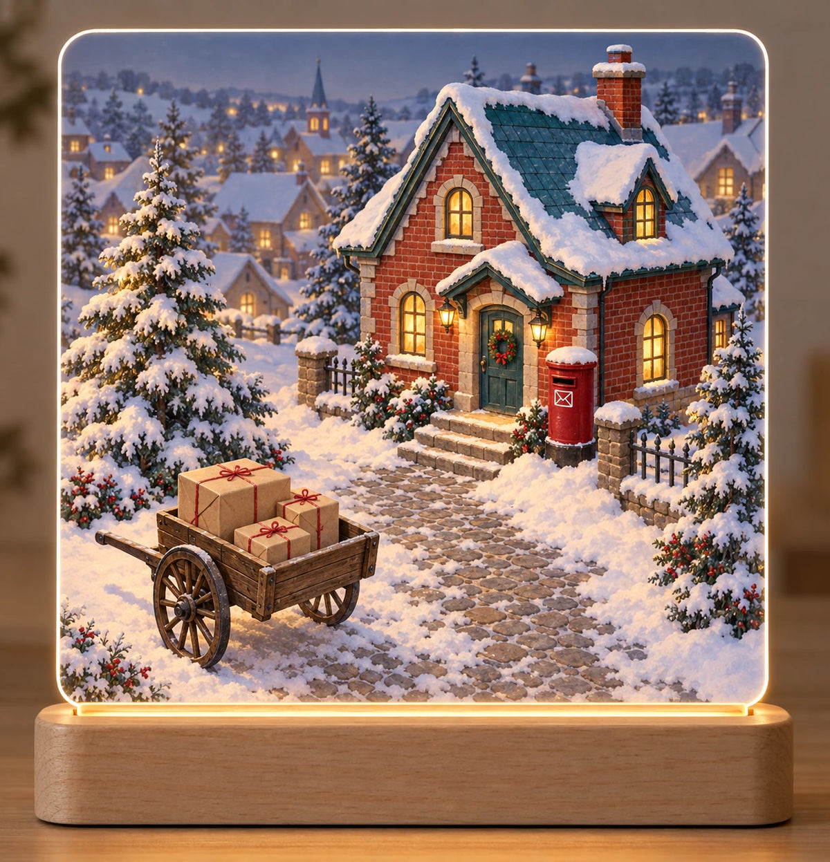 Winter Village Post Office Acrylic Night Light with flat printed snowy post office and mail cart scene