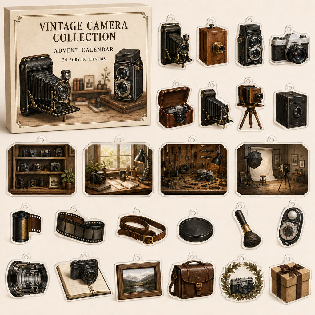 Vintage Camera Collecting advent calendar box with 24 printed acrylic collectible motifs
