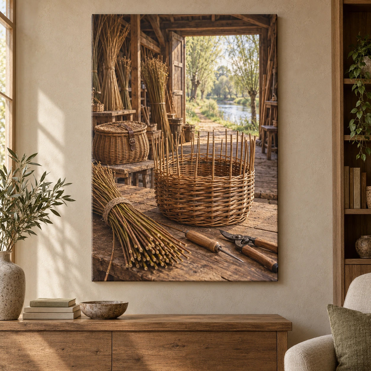 Willow basket weaving workshop with tools and a deep riverside view printed on stretched canvas.