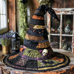 Vintage Halloween quilted witch hat, all-over print on cone and brim