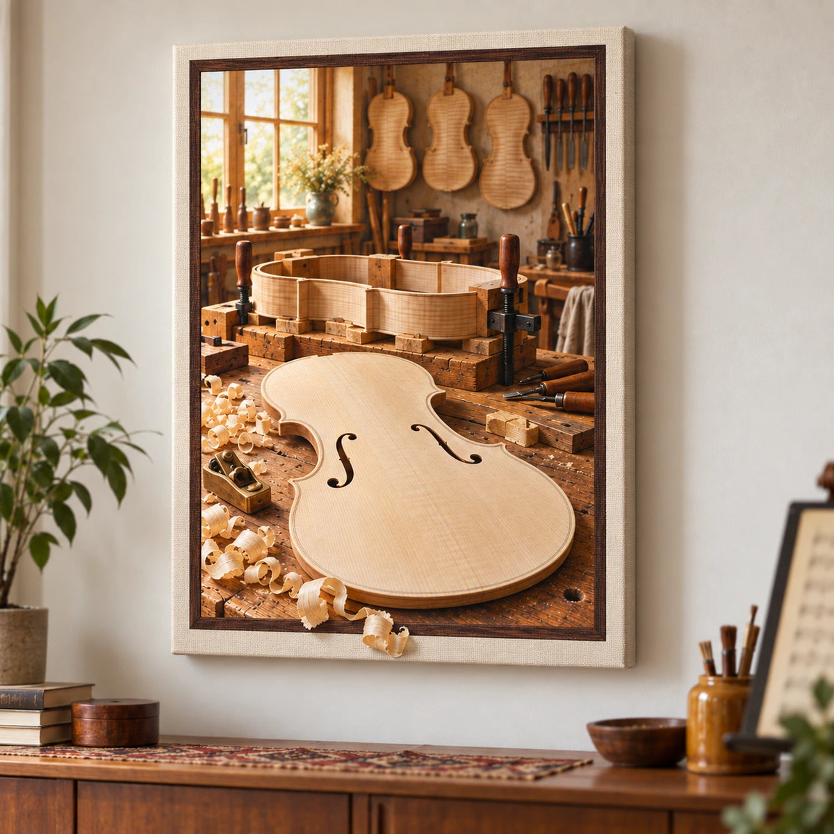 Violin Maker Workshop Stretched Canvas Wall Art with original printed optical 3D artwork