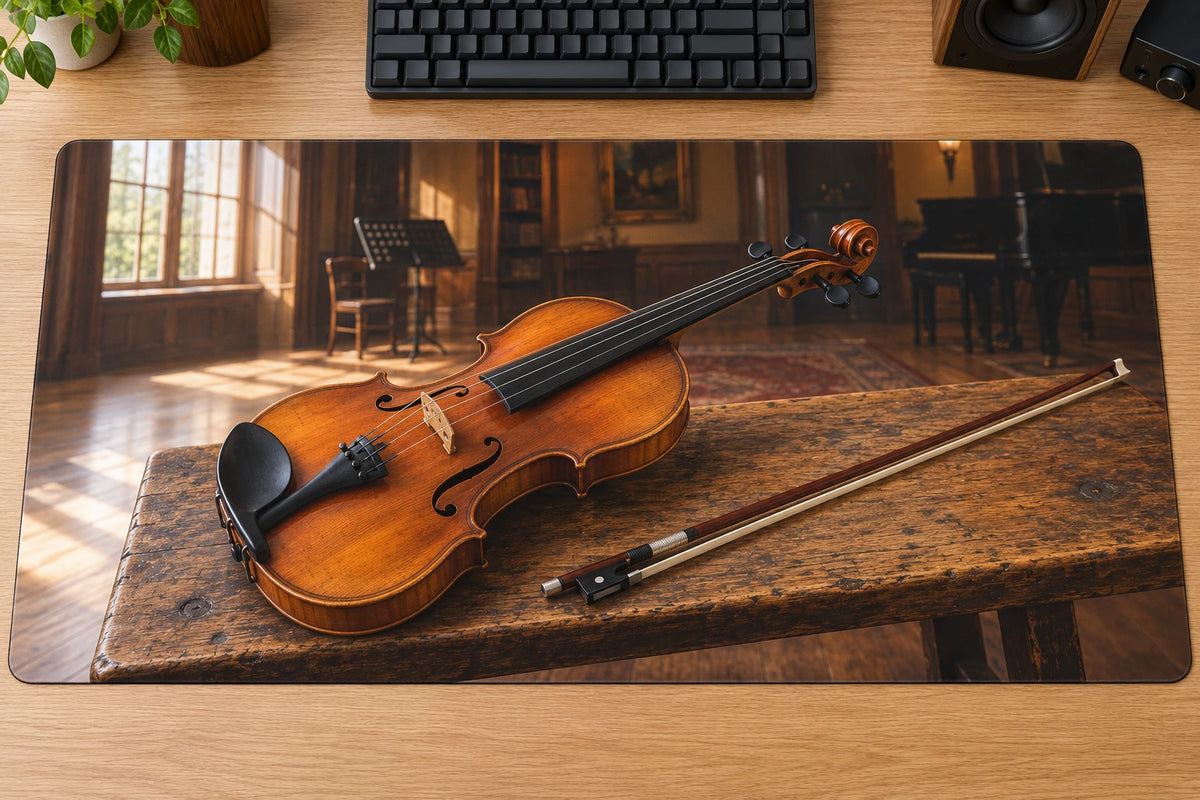 Violin Rehearsal Studio Desk Mat with flat printed violin, bow and warm room depth.