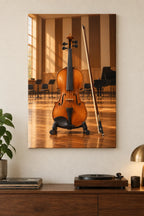 Violin and bow in recital studio, flat printed optical-depth canvas.