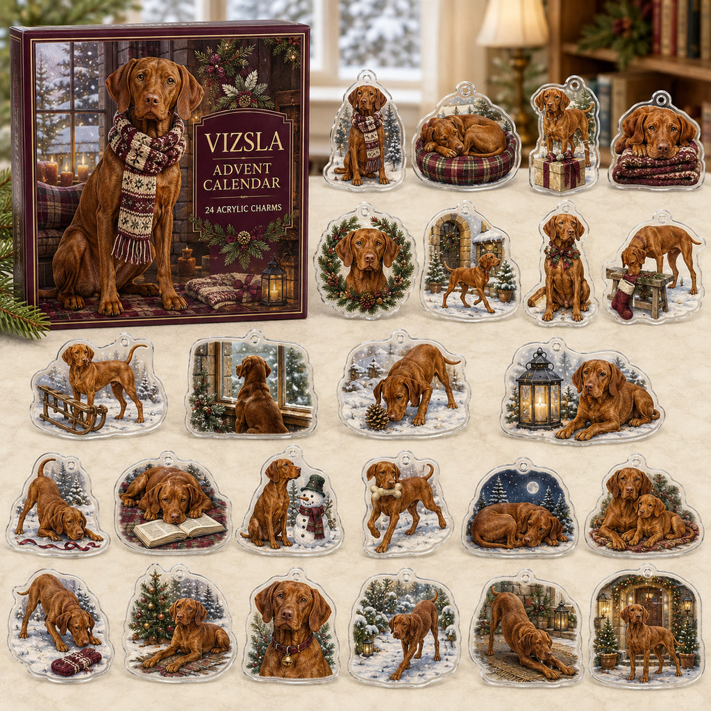 Vizsla advent calendar box and 24 illustrated acrylic charms displayed on an ivory tabletop in a winter setting