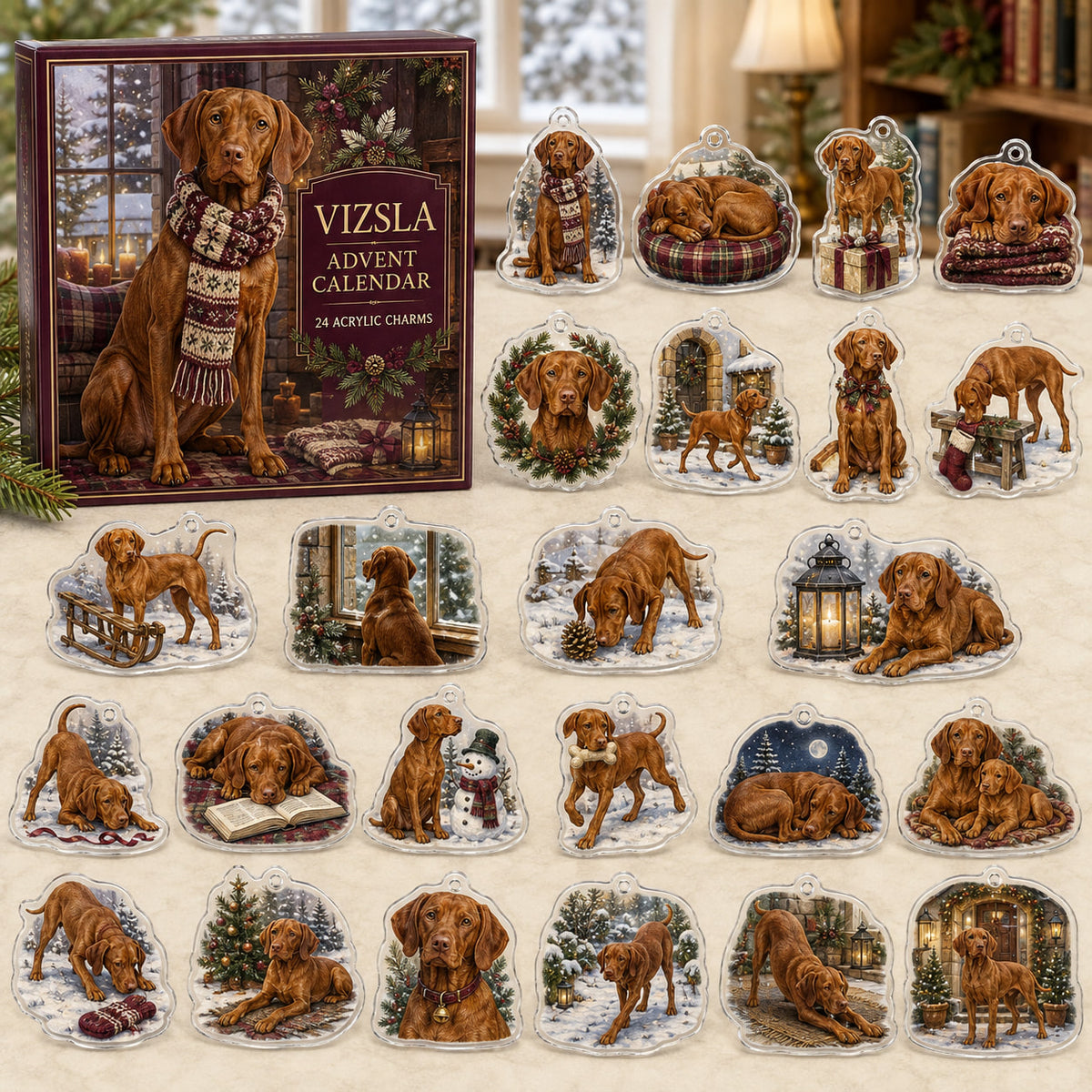 Vizsla advent calendar box and 24 illustrated acrylic charms displayed on an ivory tabletop in a winter setting