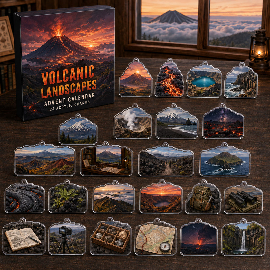 Volcanic Landscapes advent calendar box and 24 printed acrylic landscape charms