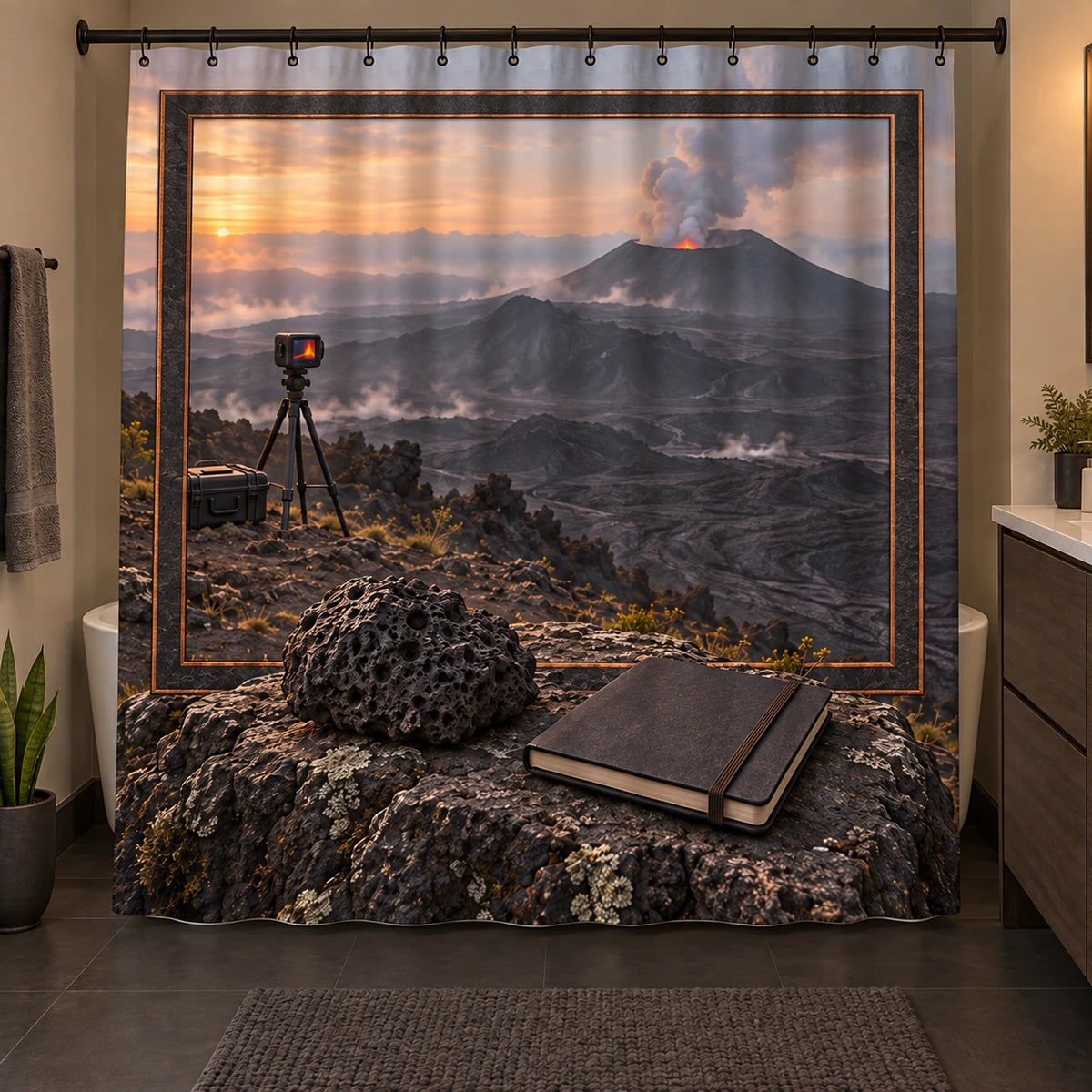 Volcanology Field Station Shower Curtain with original printed optical 3D artwork