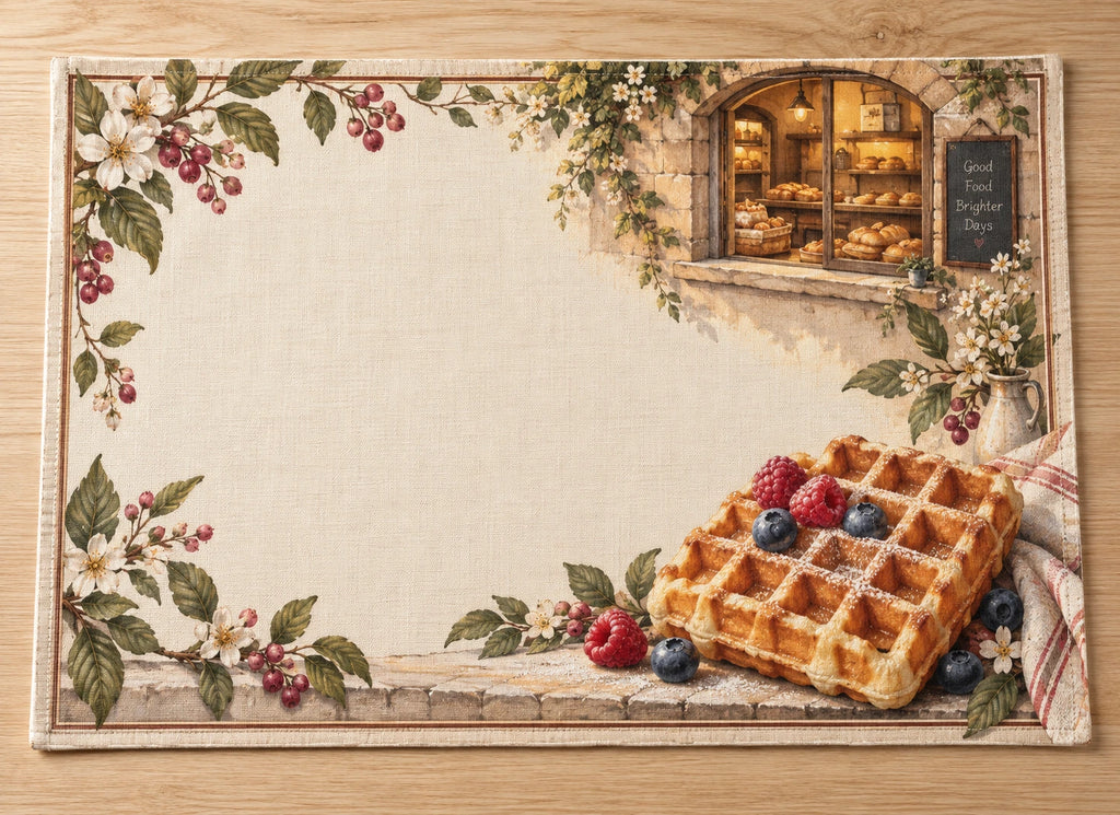 Waffle Bakery Window Placemat with flat printed dimensional bakery artwork