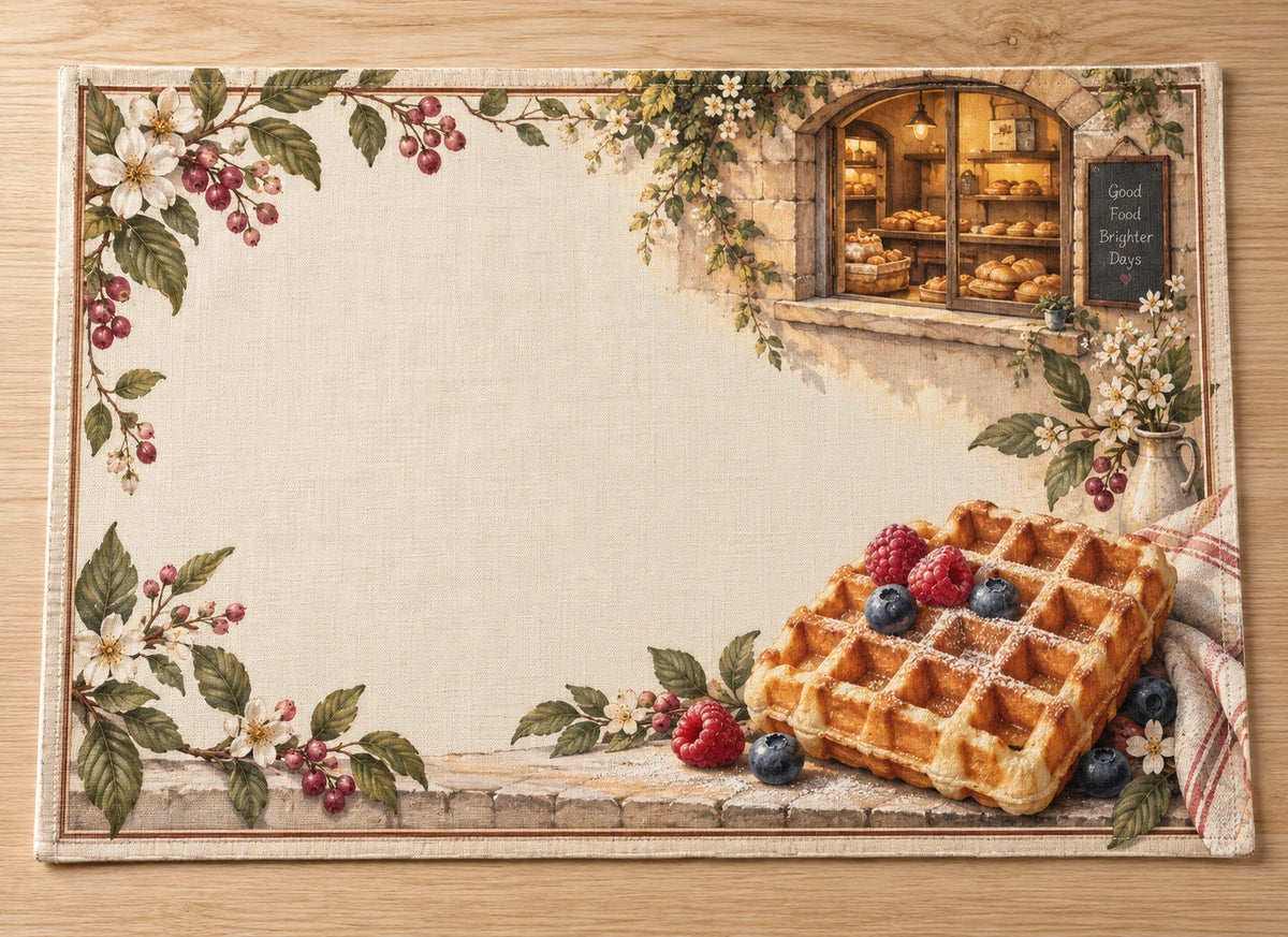 Waffle Bakery Window Placemat with flat printed dimensional bakery artwork