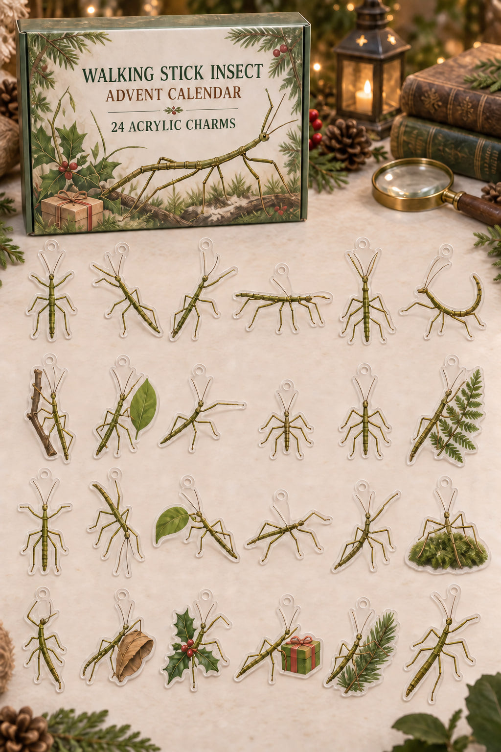 Walking Stick Insect advent calendar with 24 custom-shaped flat acrylic charms and printed dimensional artwork