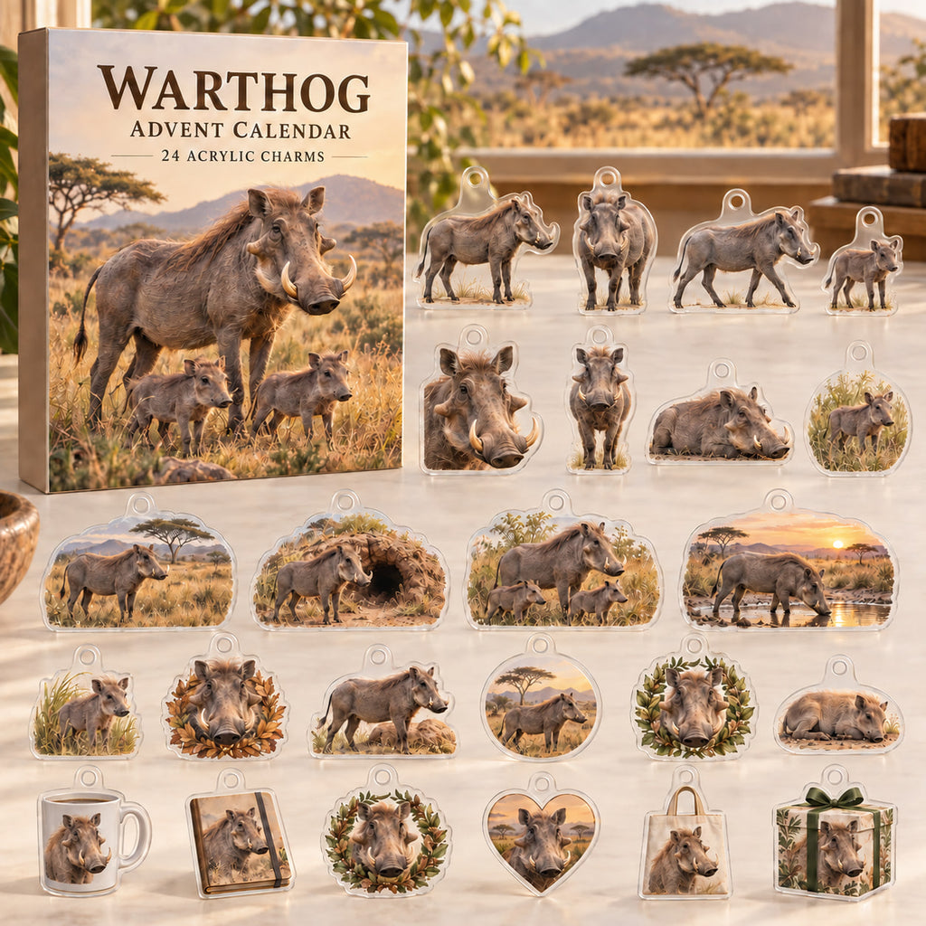 Warthog advent calendar box with 24 themed flat printed acrylic charms