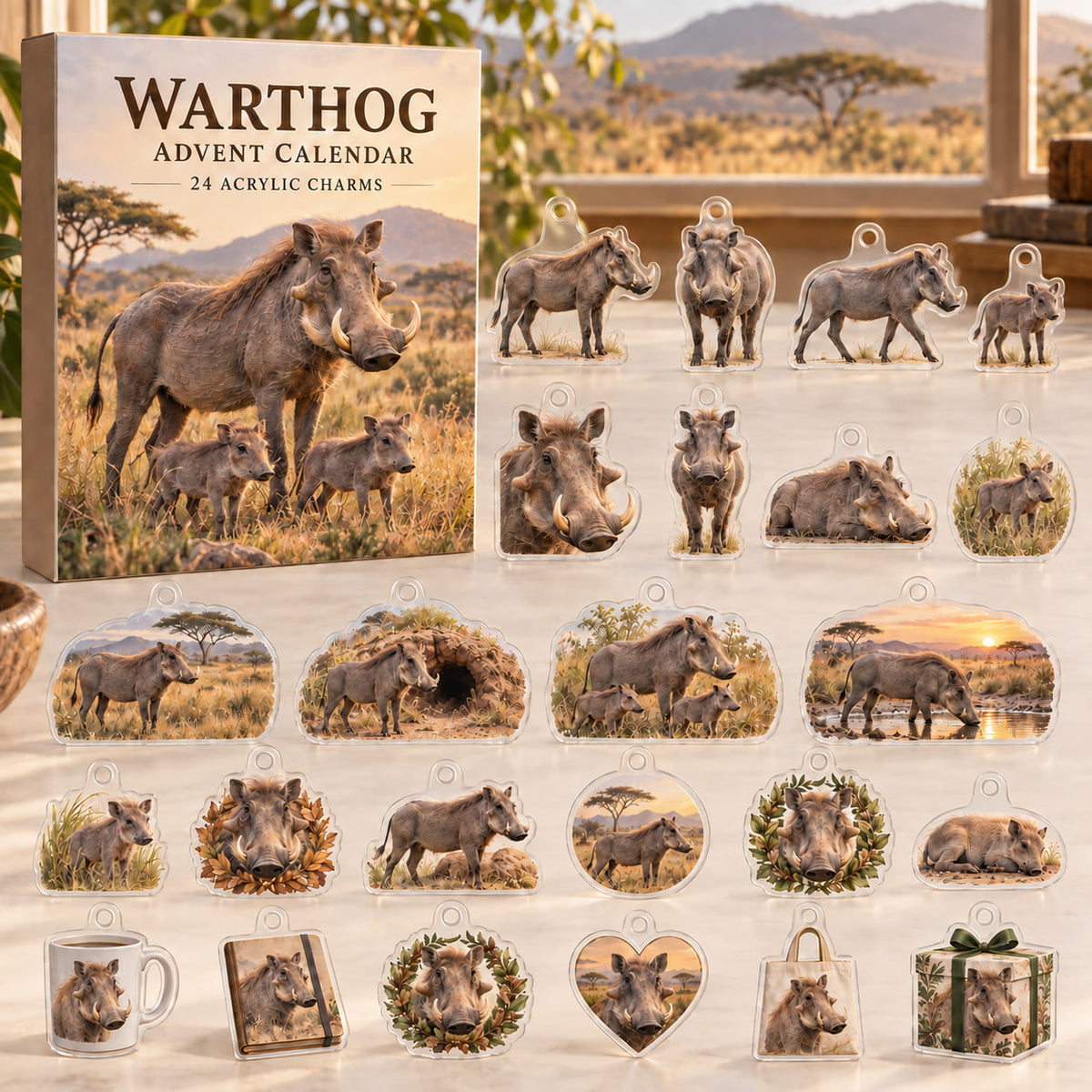 Warthog advent calendar box with 24 themed flat printed acrylic charms