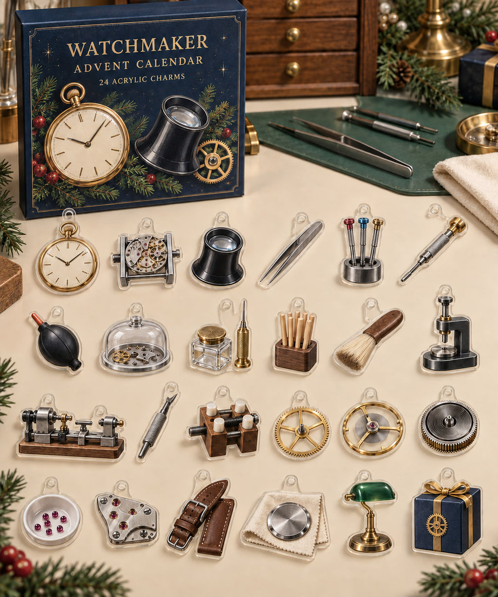 Watchmaker advent calendar with 24 custom-shaped flat acrylic charms and printed dimensional artwork