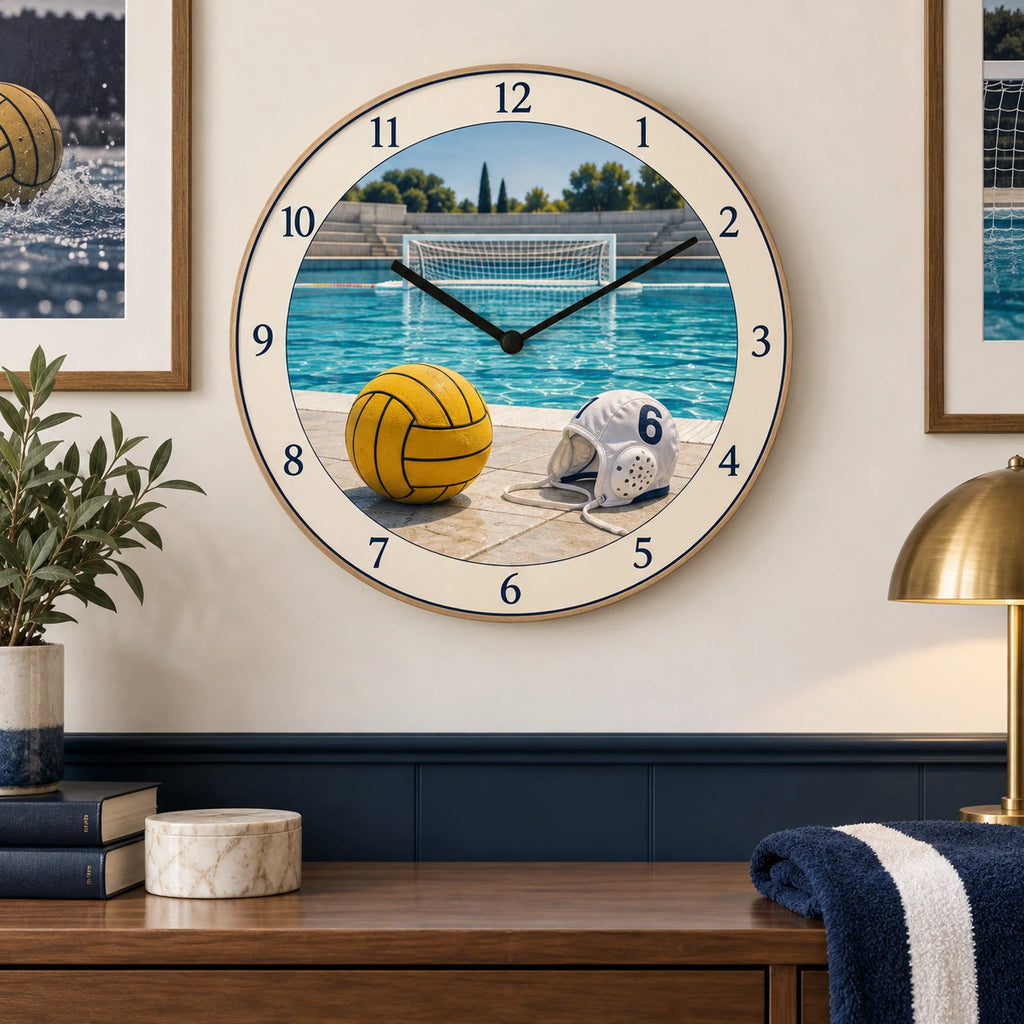 Water Polo Poolside Wooden Wall Clock with original printed optical 3D artwork