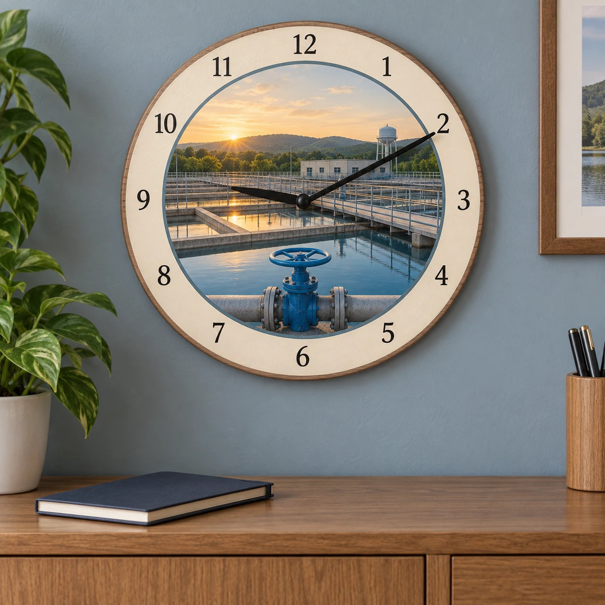 Water Treatment Sunrise Wooden Wall Clock with original printed optical 3D artwork
