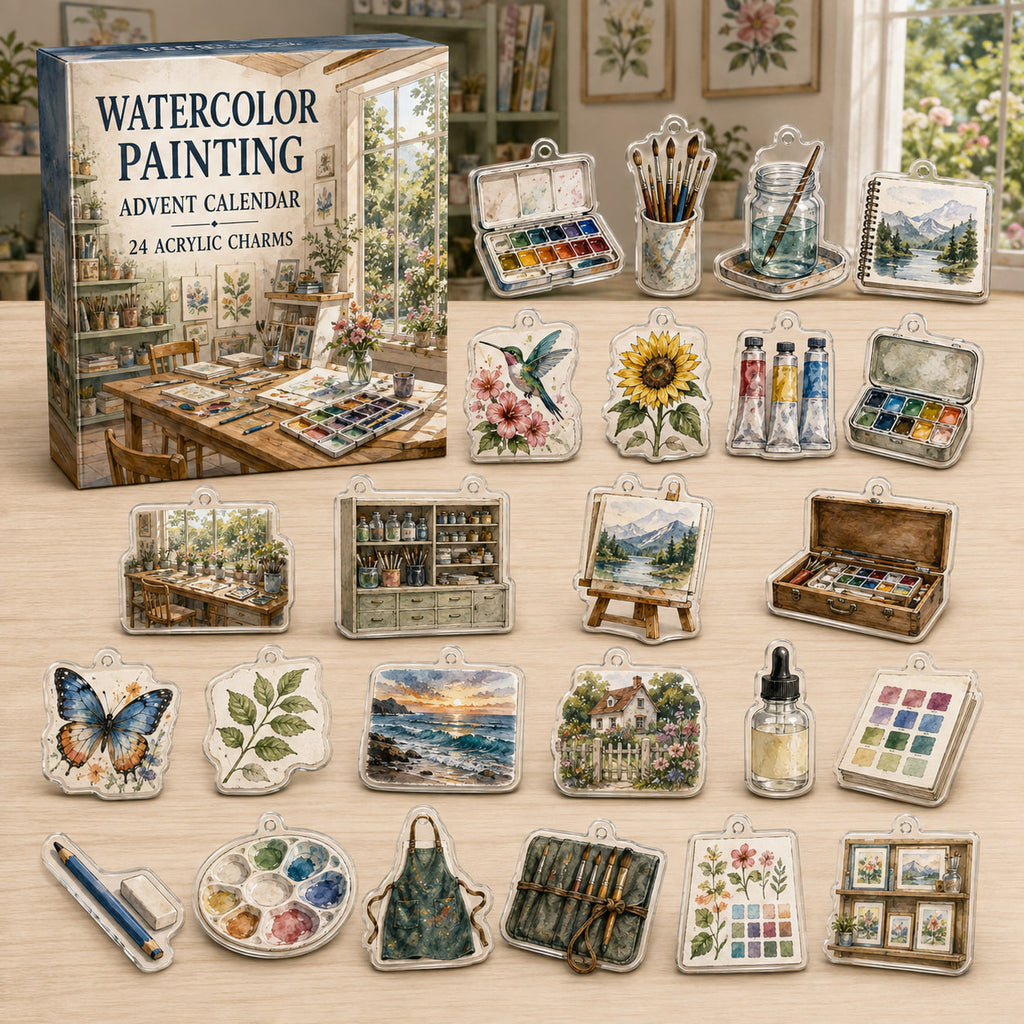 Watercolor Painting advent calendar box with 24 printed acrylic art charms