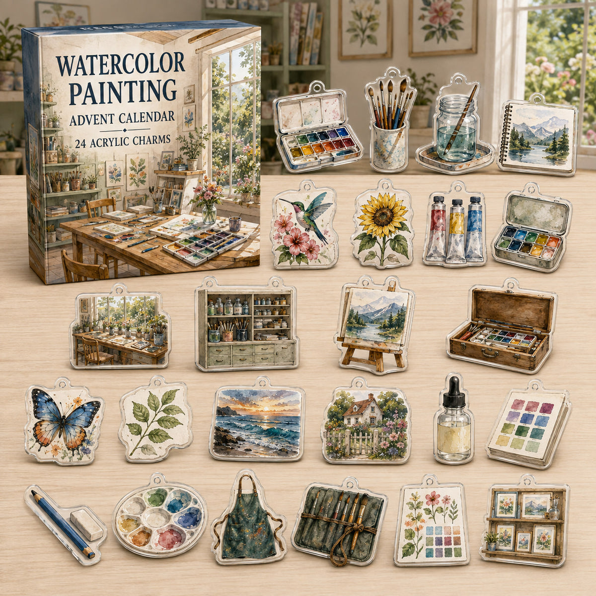 Watercolor Painting advent calendar box with 24 printed acrylic art charms