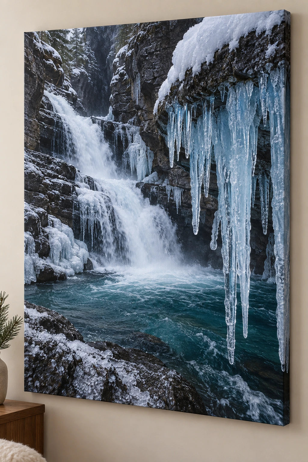 Waterfall Ice Ledges Stretched Canvas Wall Art with printed blue ice and shadowed gorge depth