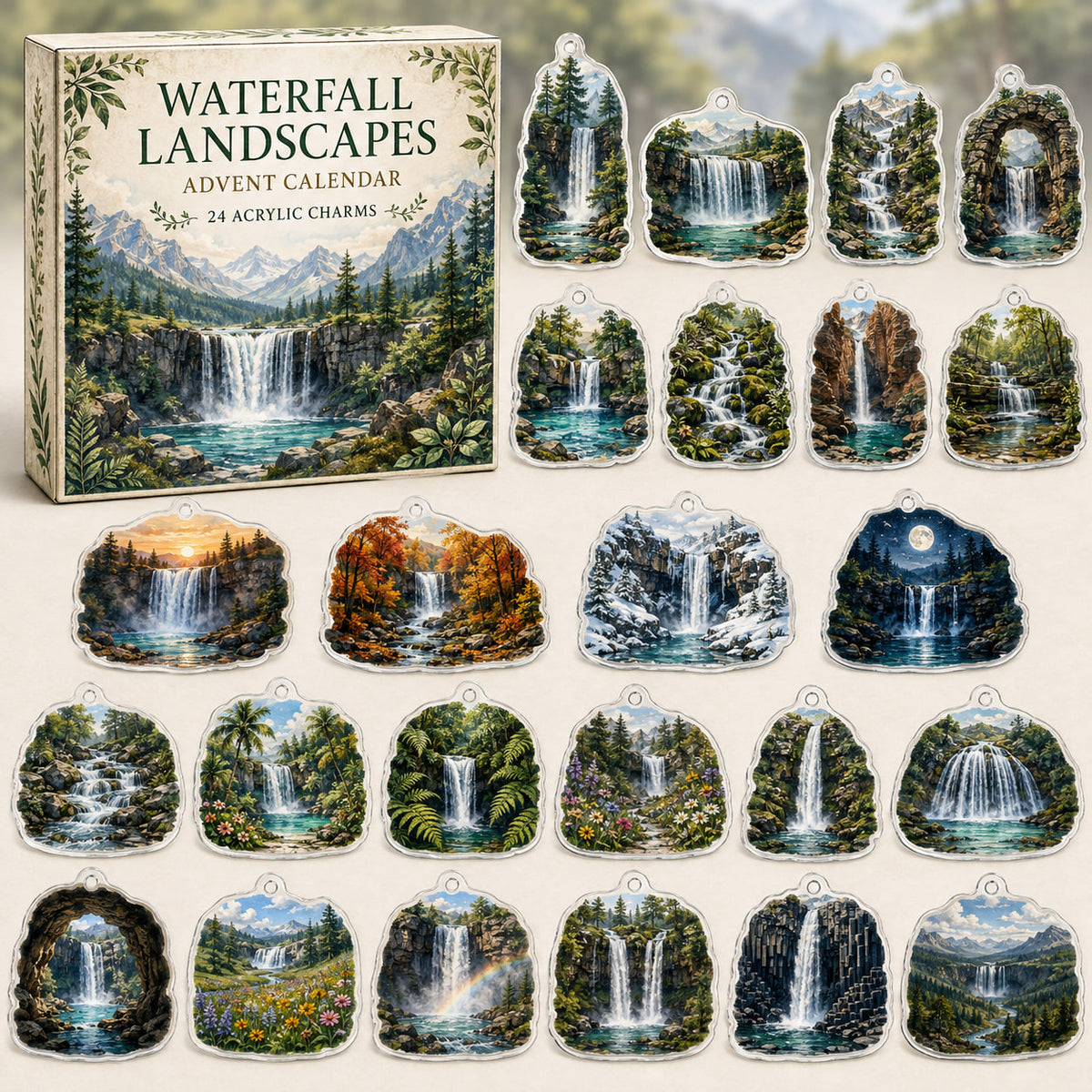 Waterfall Landscapes advent calendar box and 24 printed acrylic landscape charms