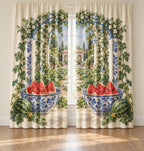 Watermelon Ceramic Bowl Window Curtain Pair with flat printed watermelon bowls and garden depth