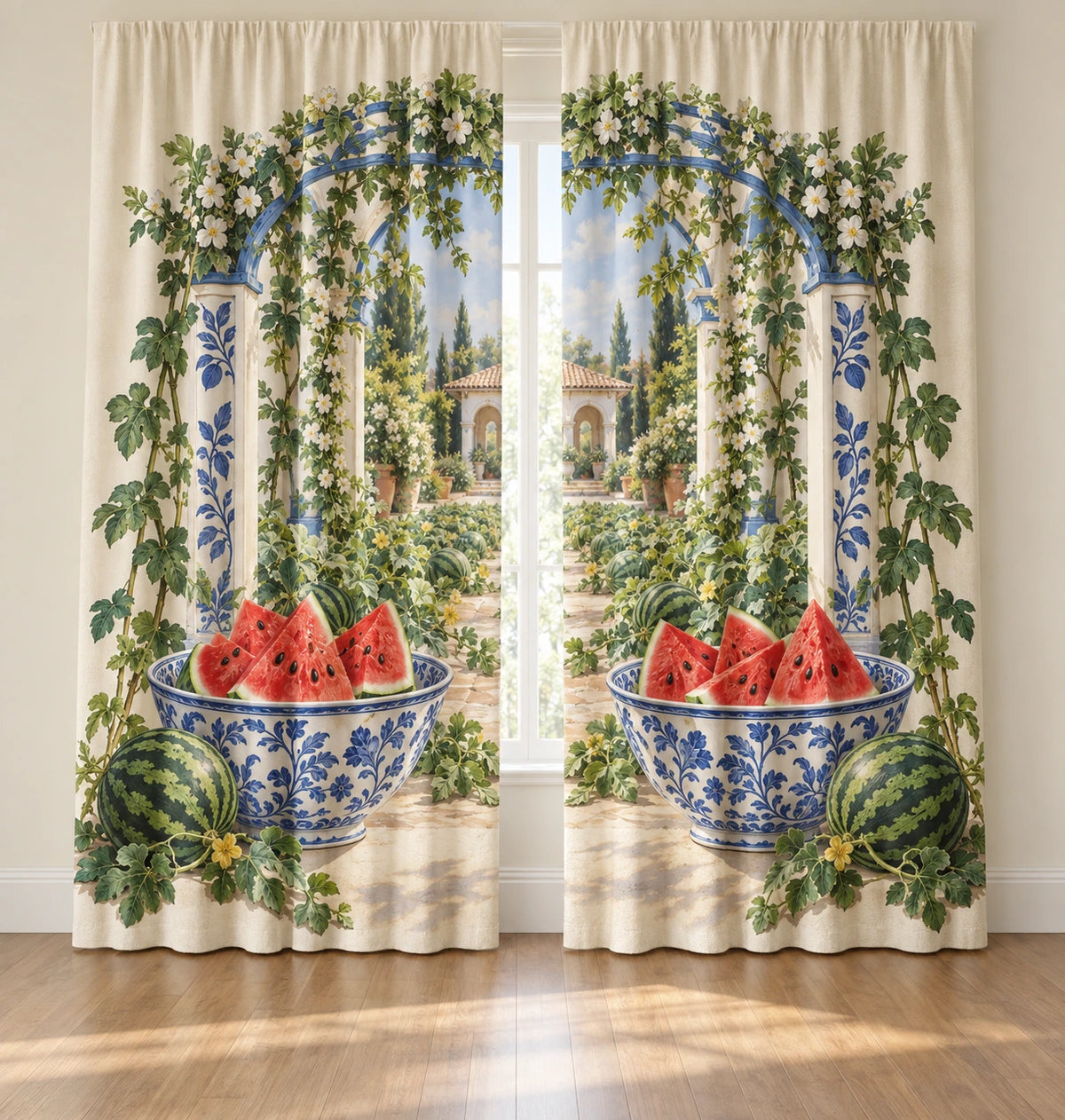 Watermelon Ceramic Bowl Window Curtain Pair with flat printed watermelon bowls and garden depth