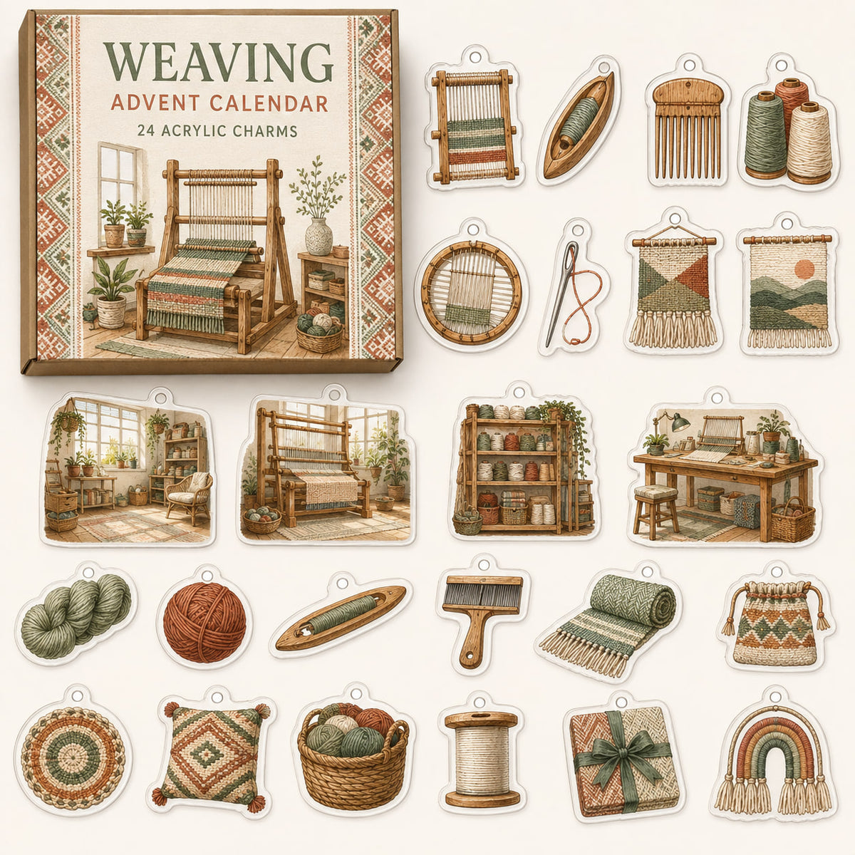 Weaving advent calendar with 24 printed acrylic craft charms