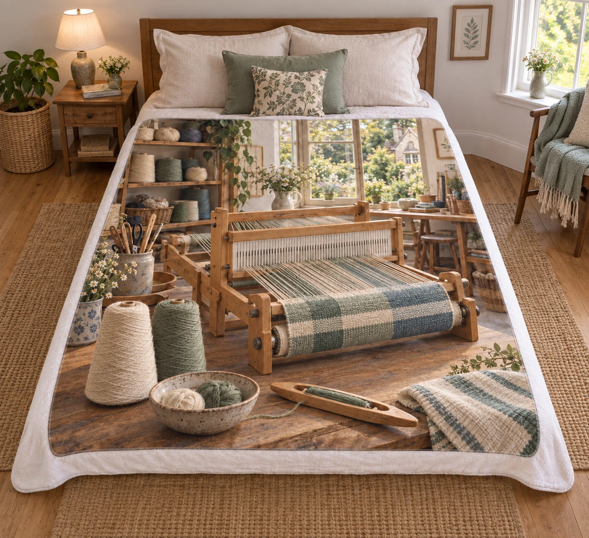 Rigid heddle weaving studio printed on a flat fleece throw blanket.