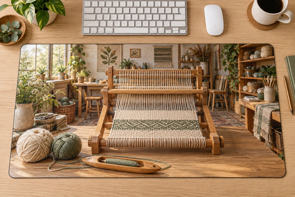 Weaving Loom Craft Studio Desk Mat with flat printed loom, yarn and shuttle optical depth; tools not included.