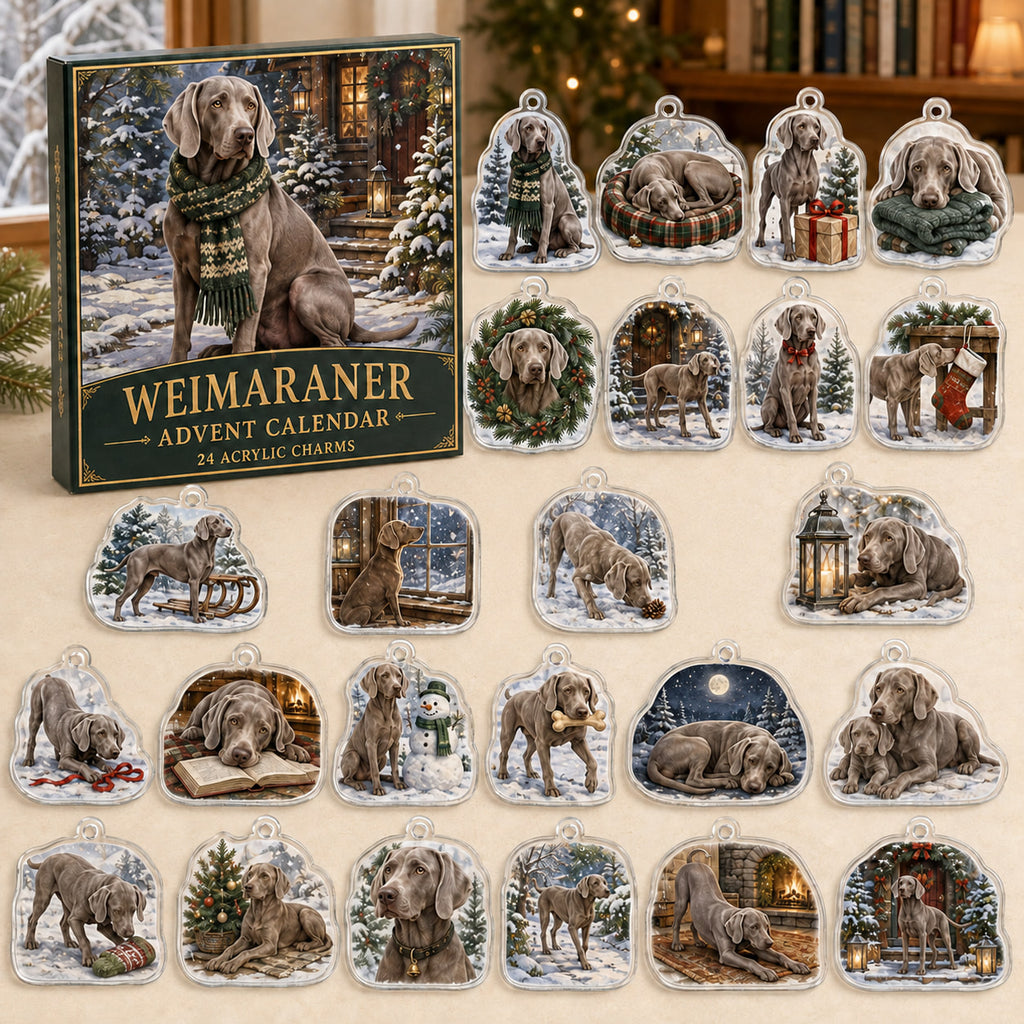 Weimaraner advent calendar box and 24 illustrated acrylic charms displayed on an ivory tabletop in a winter setting