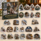 Weimaraner advent calendar box and 24 illustrated acrylic charms displayed on an ivory tabletop in a winter setting