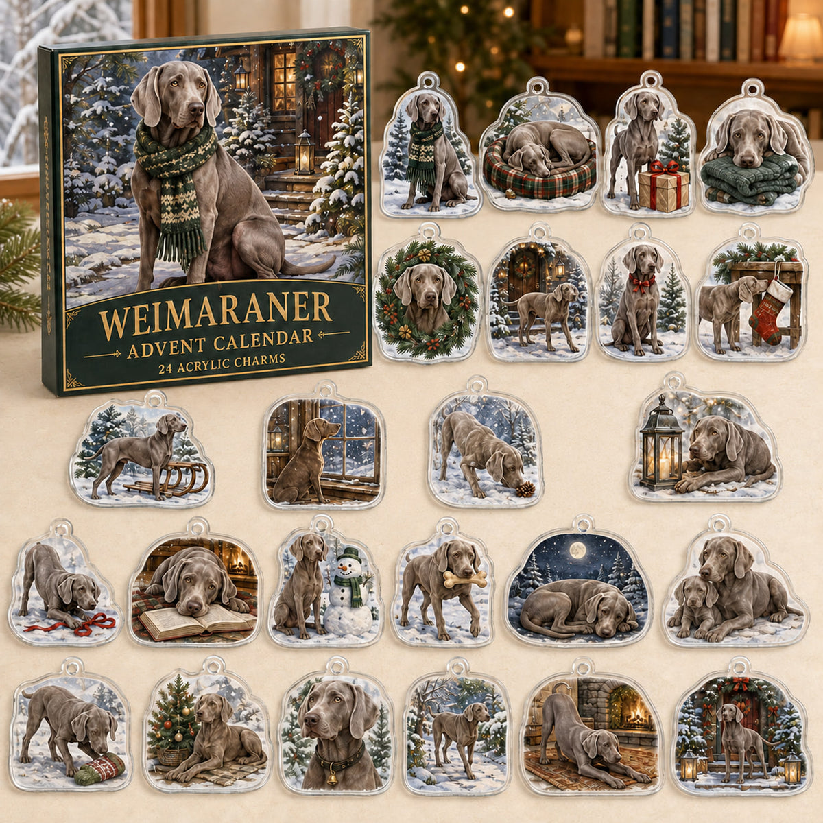 Weimaraner advent calendar box and 24 illustrated acrylic charms displayed on an ivory tabletop in a winter setting