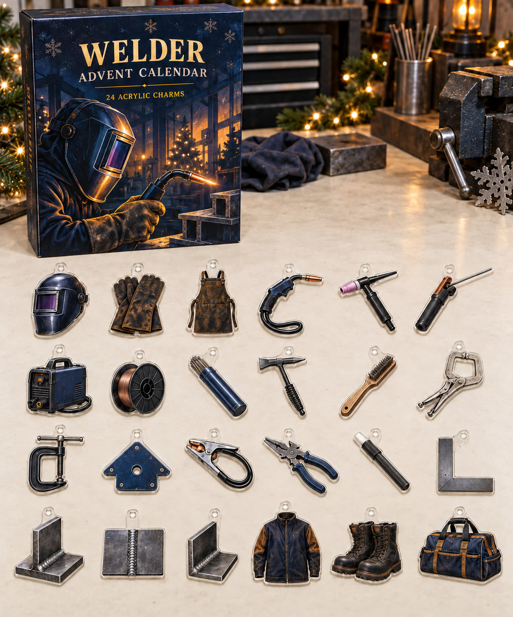 Welder advent calendar with 24 custom-shaped flat acrylic charms and printed dimensional artwork