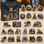 Welsh Terrier advent calendar box and 24 illustrated acrylic charms displayed on an ivory tabletop in a winter setting