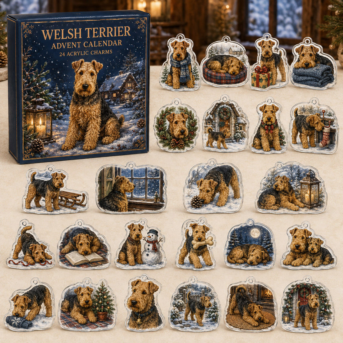 Welsh Terrier advent calendar box and 24 illustrated acrylic charms displayed on an ivory tabletop in a winter setting