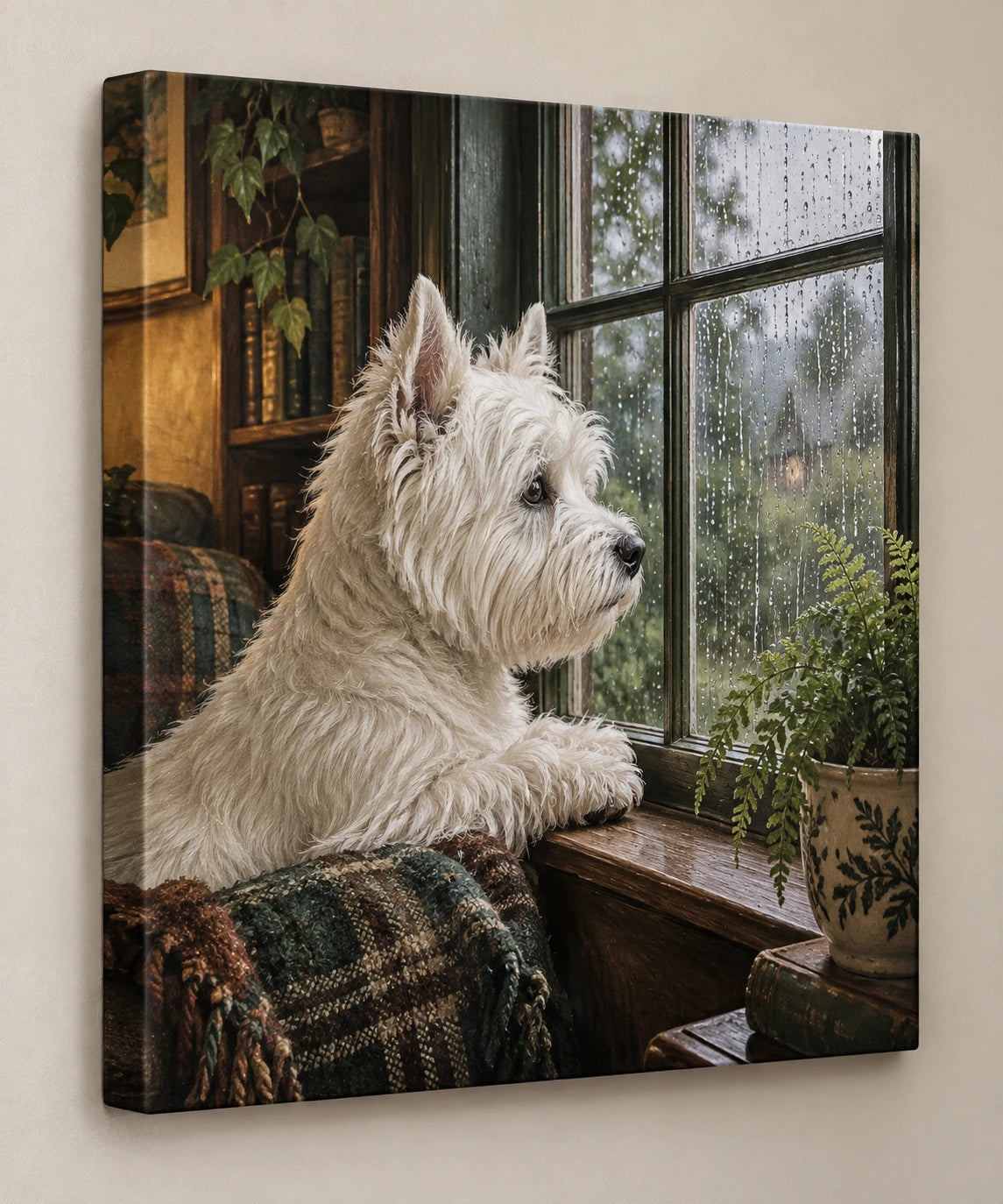 West Highland Terrier Rainy Window Canvas Wall Art with printed dimensional artwork