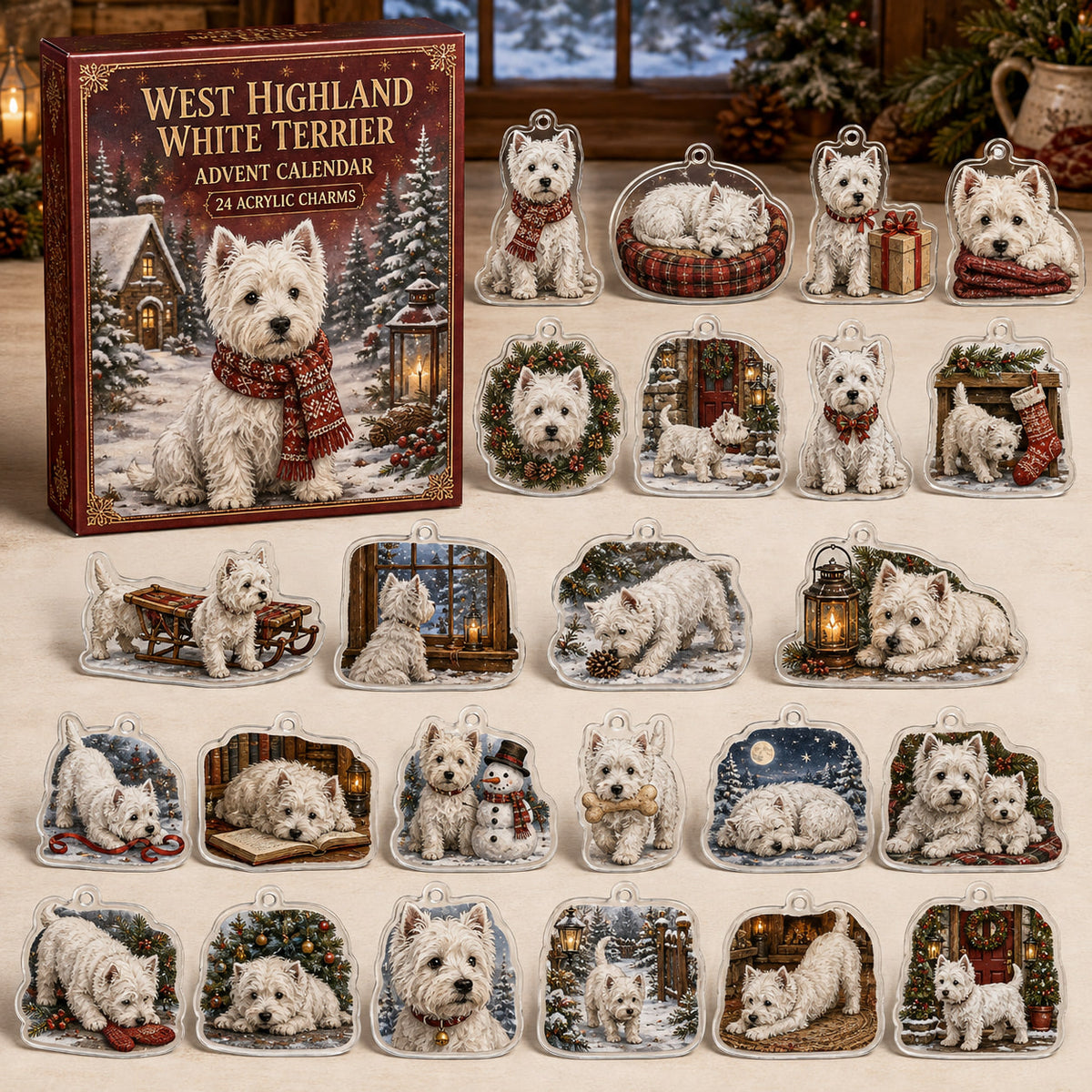 West Highland White Terrier advent calendar box and 24 illustrated acrylic charms displayed on an ivory tabletop in a winter setting