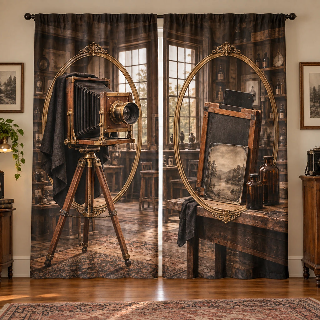 Wet Plate Photo Studio Window Curtain Pair with original printed optical 3D artwork