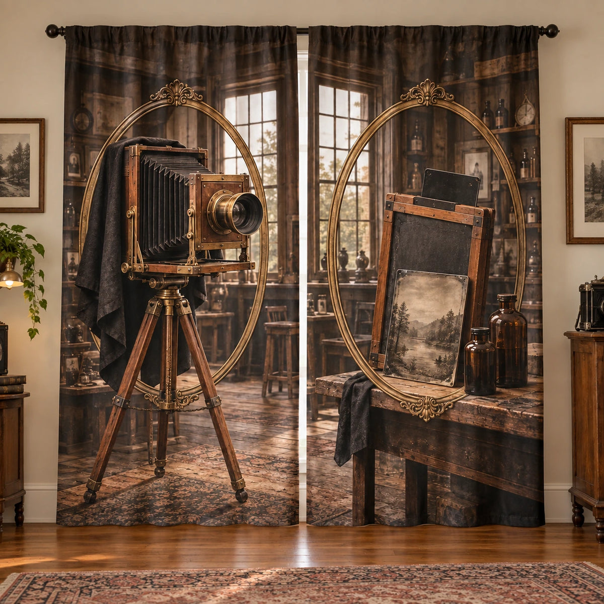 Wet Plate Photo Studio Window Curtain Pair with original printed optical 3D artwork
