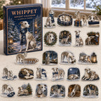 Whippet advent calendar box and 24 illustrated acrylic charms displayed on an ivory tabletop in a winter setting