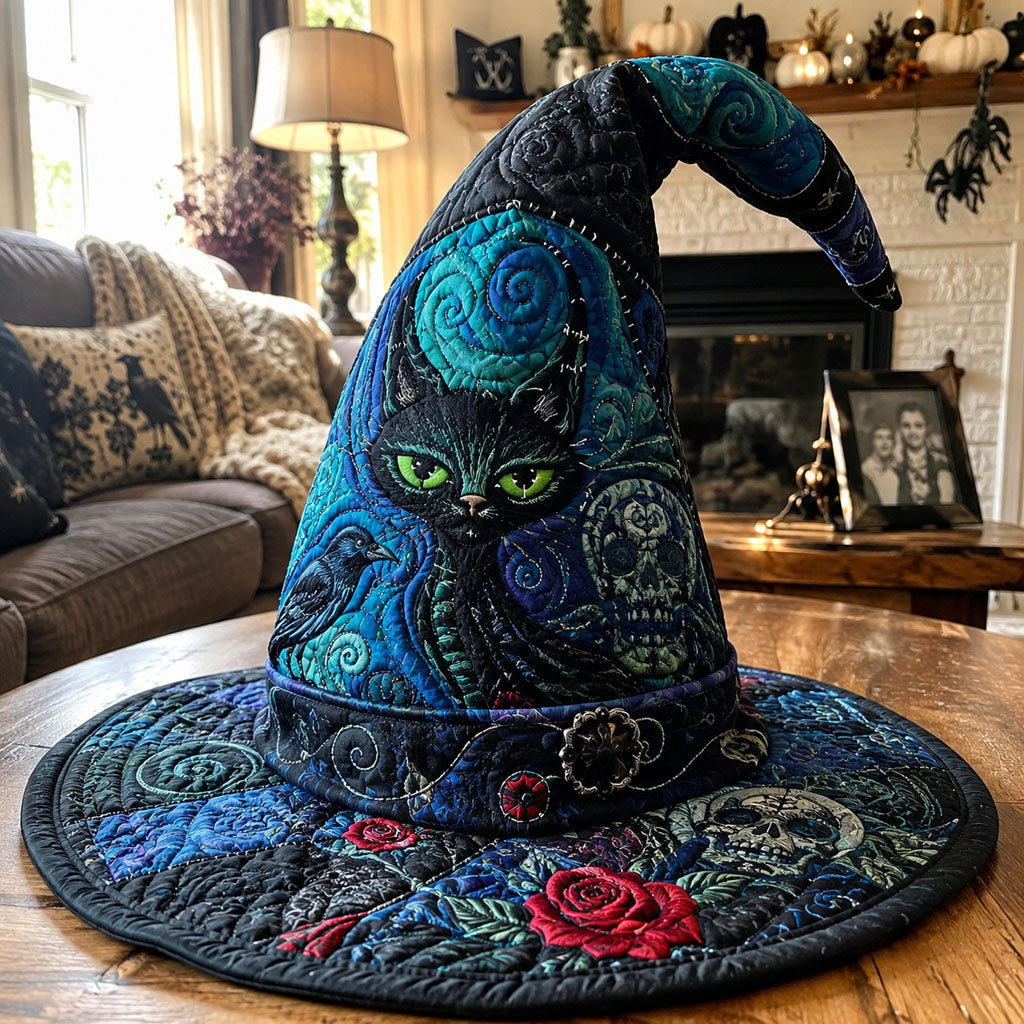 Whispering Black Cat quilted witch hat, all-over print on cone and brim