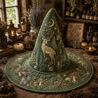 Whispering Woodland quilted witch hat, all-over print on cone and brim