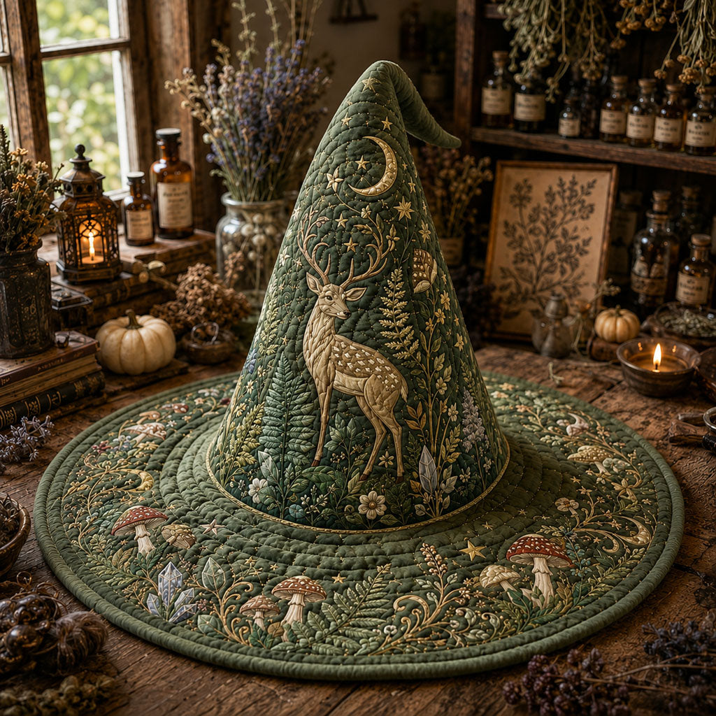 Whispering Woodland quilted witch hat, all-over print on cone and brim