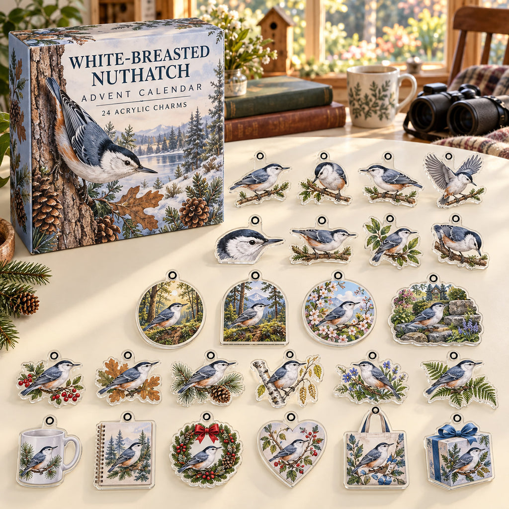 White-Breasted Nuthatch advent calendar box with 24 themed flat printed acrylic charms