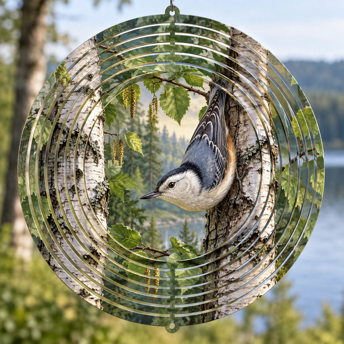 White-breasted Nuthatch Birch Grove Wind Spinner with printed dimensional artwork