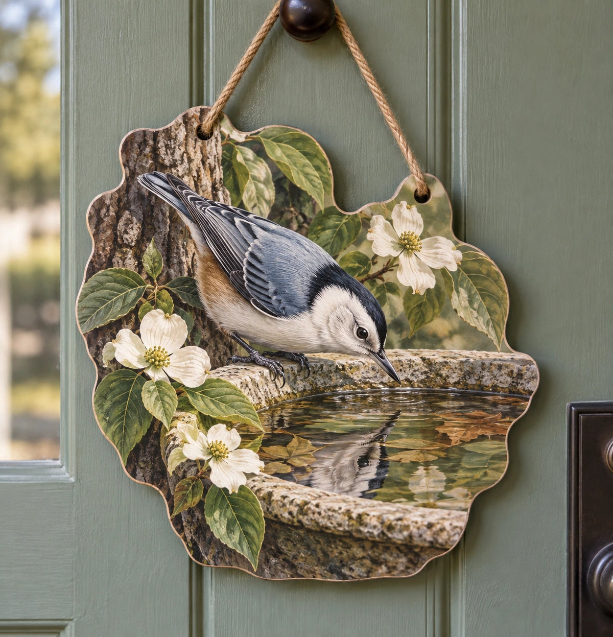 White-breasted Nuthatch Morning Birdbath Custom Shape Door Hanger with printed dimensional artwork