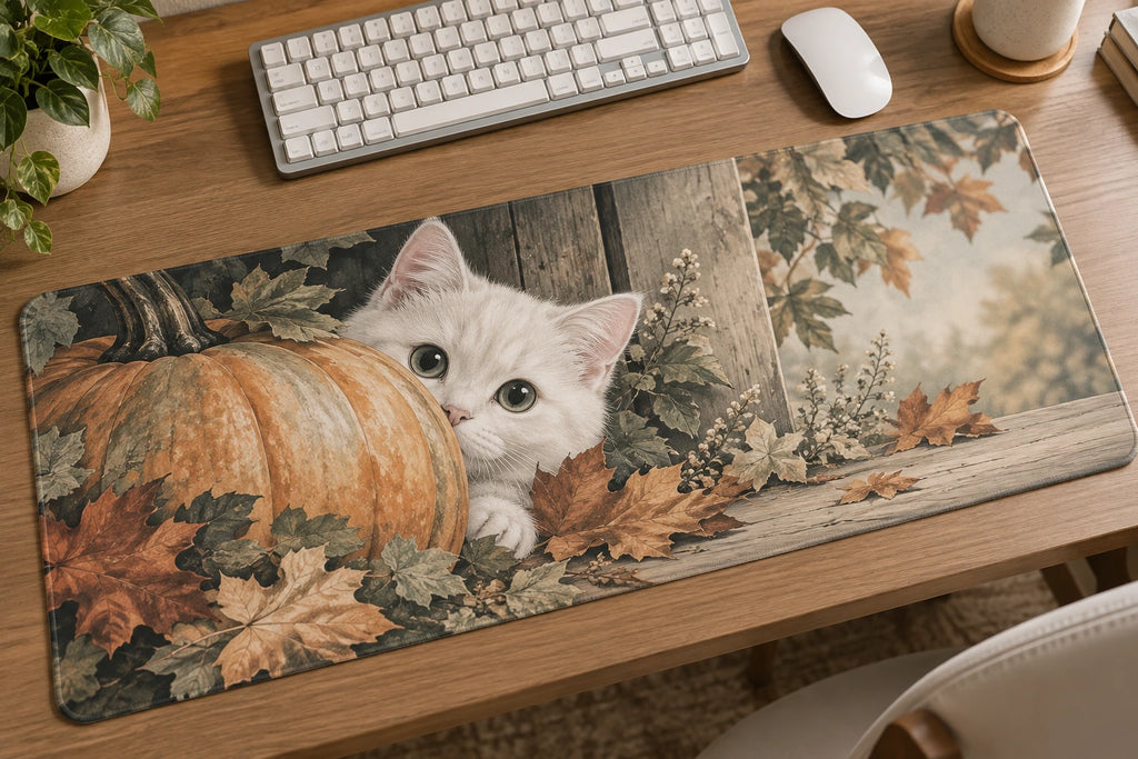 White Cat Pumpkin Hideaway Desk Mat with printed dimensional artwork